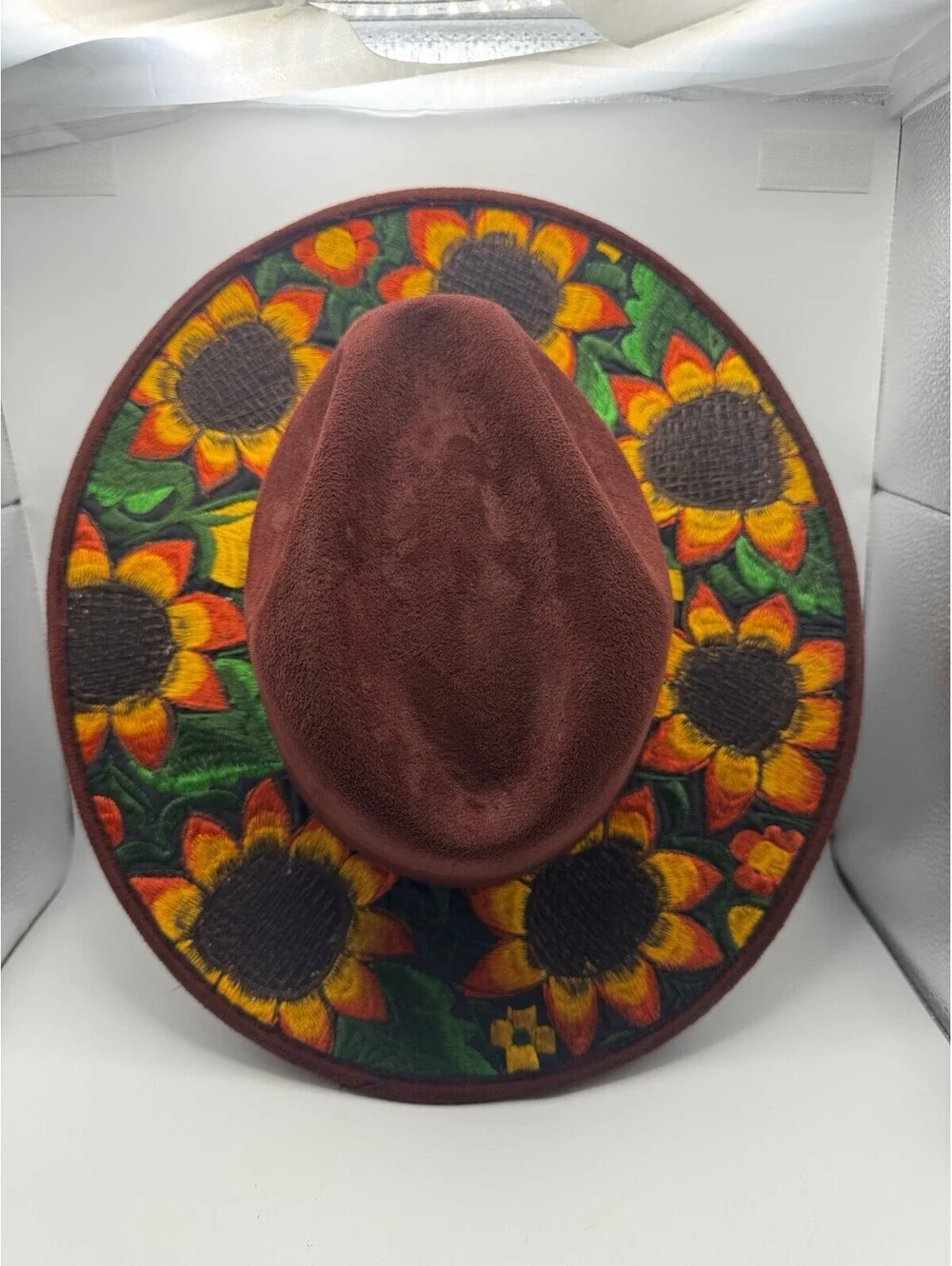 Mexican Artisanal Hand Embroidered Sunflower Fedora Hat Suede Boho Medium